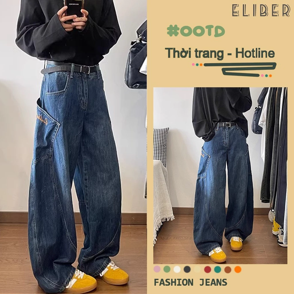 ELIBER- SẴN HÀNG - Quần Jeans Nữ Ống Loe Cong Xanh Dương - Túi Hộp Phong Cách Retro Mỹ - Eo Cao Suông Rộng Dáng Rủ