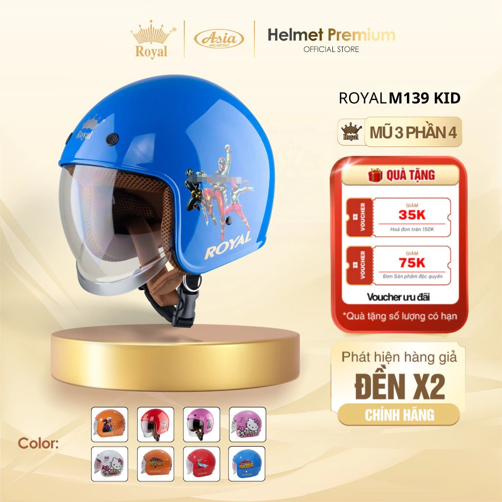 Mũ Bảo Hiểm Trẻ Em 3/4 Royal M139 KID Kính Âm,  Nón Bảo Hiểm Chống Nắng, An Toàn, Bảo Hành 12 Tháng