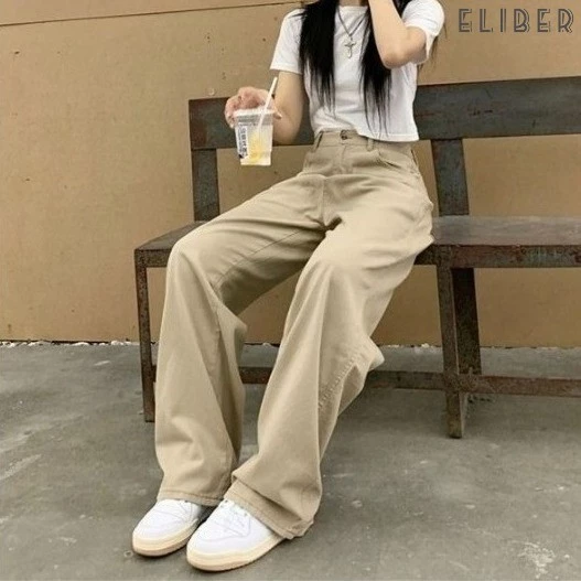 ELIBER- SẴN HÀNG - Quần Jeans Nữ Ống Suông Rộng Dáng Rủ Màu Be Tôn Dáng Thiết Kế Độc Đáo Phong Cách Hàn Quốc