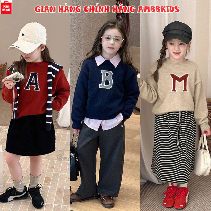 NEW 2025 - Áo Len Dài Tay Dệt Kim Trẻ Em, Áo Len Chui Đầu Mùa Thu Phong Cách Hàn Quốc cho Bé Gái - Chính Hãng Ambbkids