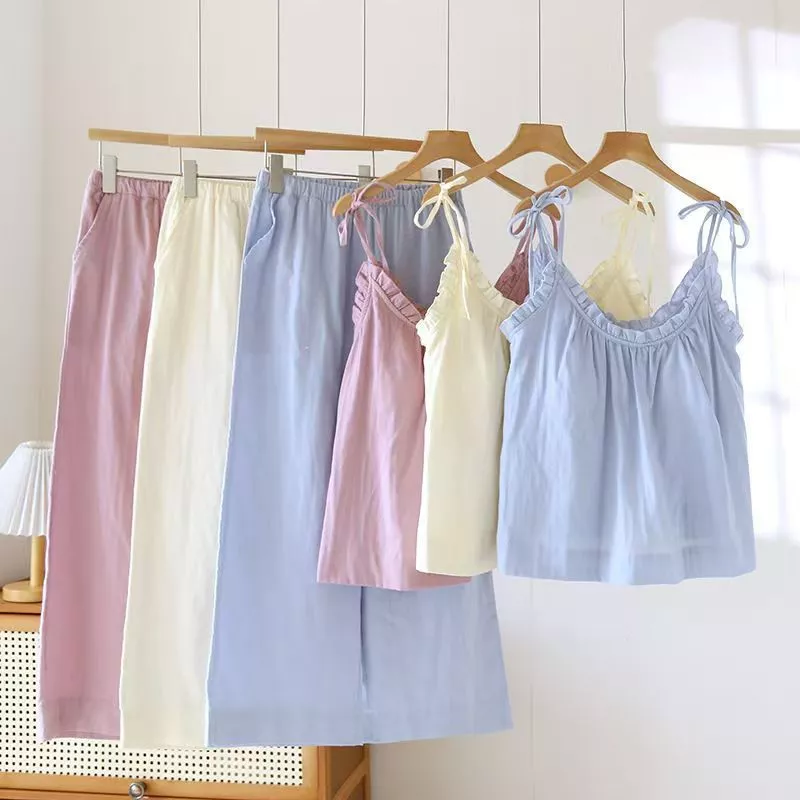 [Pre-Order]-Bộ đồ ngủ phong cách Hàn Quốc, kiểu ins, two pice có đệm ngực, áo hai dây và quần dài, đơn giản và rộng rãi