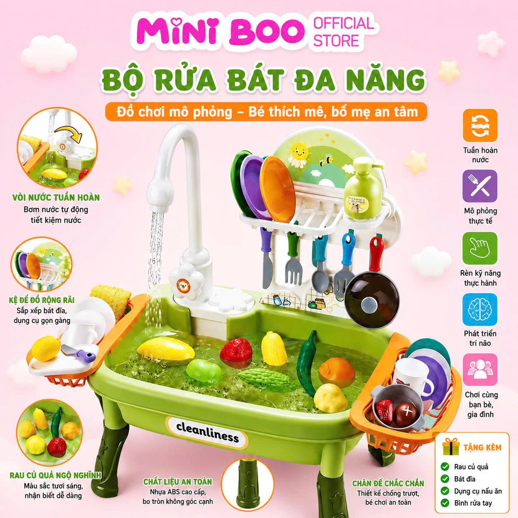 Bộ Nhà Bếp Mini Cho Bé Có Vòi Nước Chạy Tuần Hoàn – Đồ Chơi Nấu Ăn Nhập Vai Siêu Hot Cho Bé Trai & Bé Gái
