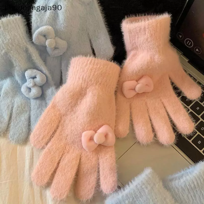 Mùa Đông Sang Trọng Ấm Áp Găng Tay Phụ Nữ Cô Gái Rắn Màu Bow Găng Tay Đi Xe Đạp Găng Tay