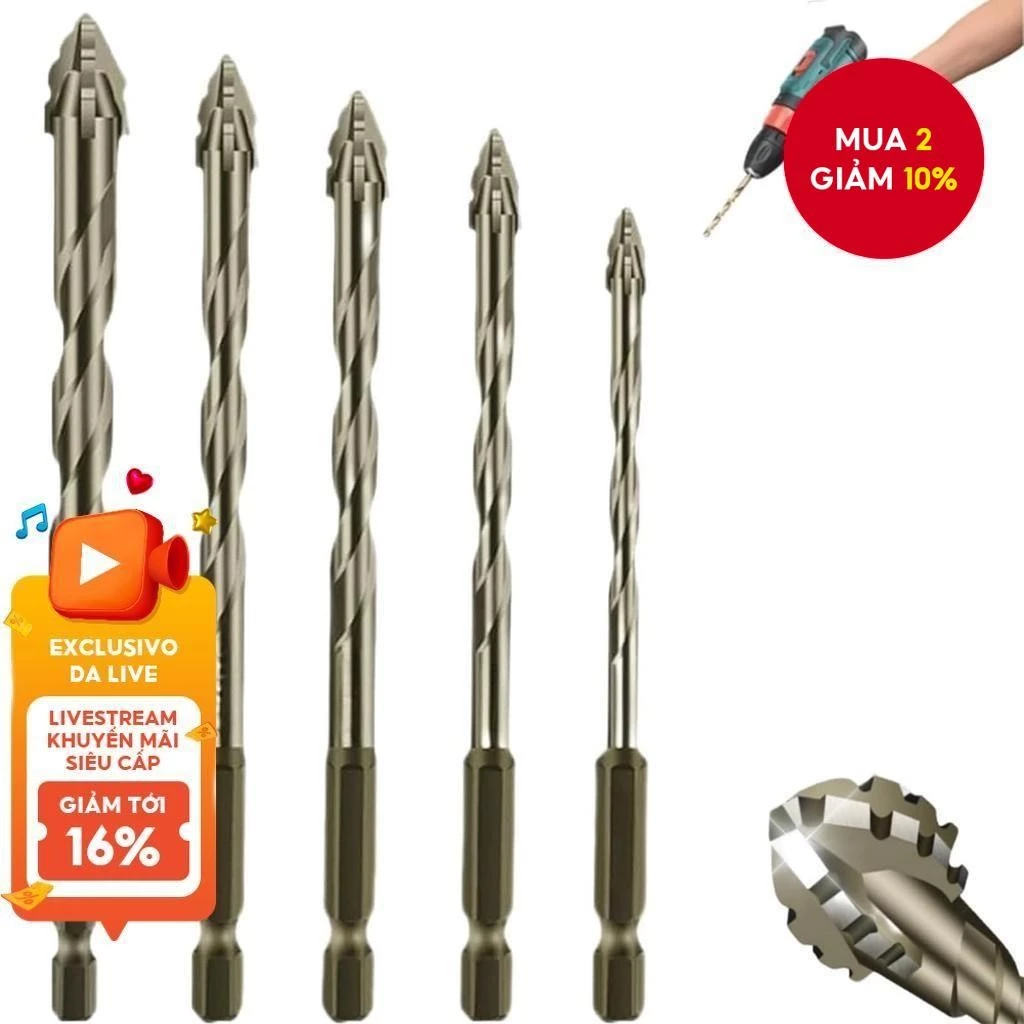 Bộ 3 mũi khoan lệch tâm cacbua vonfram Máy khoan lệch tâm có răng cưa bốn cạnh đa chức năng cho gạch bê tông Kính và gạch gỗ gốm 6mm + 8mm + 10mm