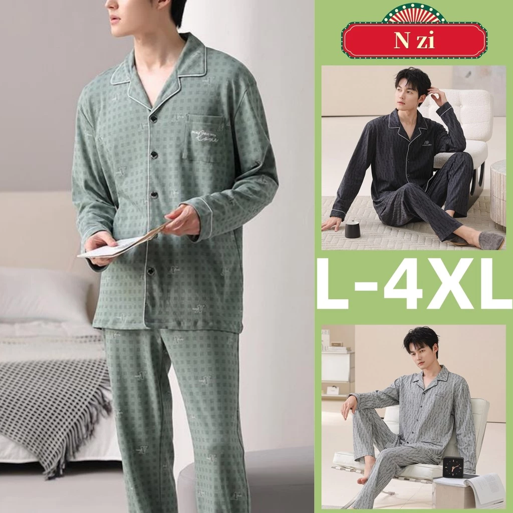 Bộ đồ ngủ nam cotton, tay dài, phù hợp mùa thu đông, size từ L đến 4XL