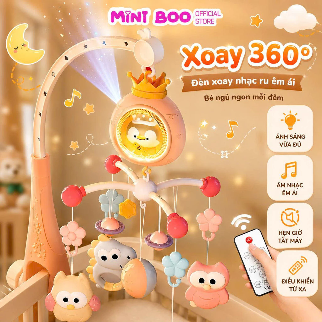 Đồ chơi treo nôi cũi kèm gặm nướu cho bé sơ sinh xoay 360 kích thích thị giác có hộp nhạc chế độ tự tắt MINI BOO