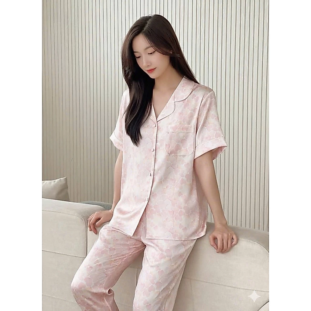 Bộ đồ ngủ  pijama mặc nhà nữ quần dài áo cộc tay cổ bẻ chất lụa latin pha tơ tằm mềm mại và thấm bút mồ hôi tốt