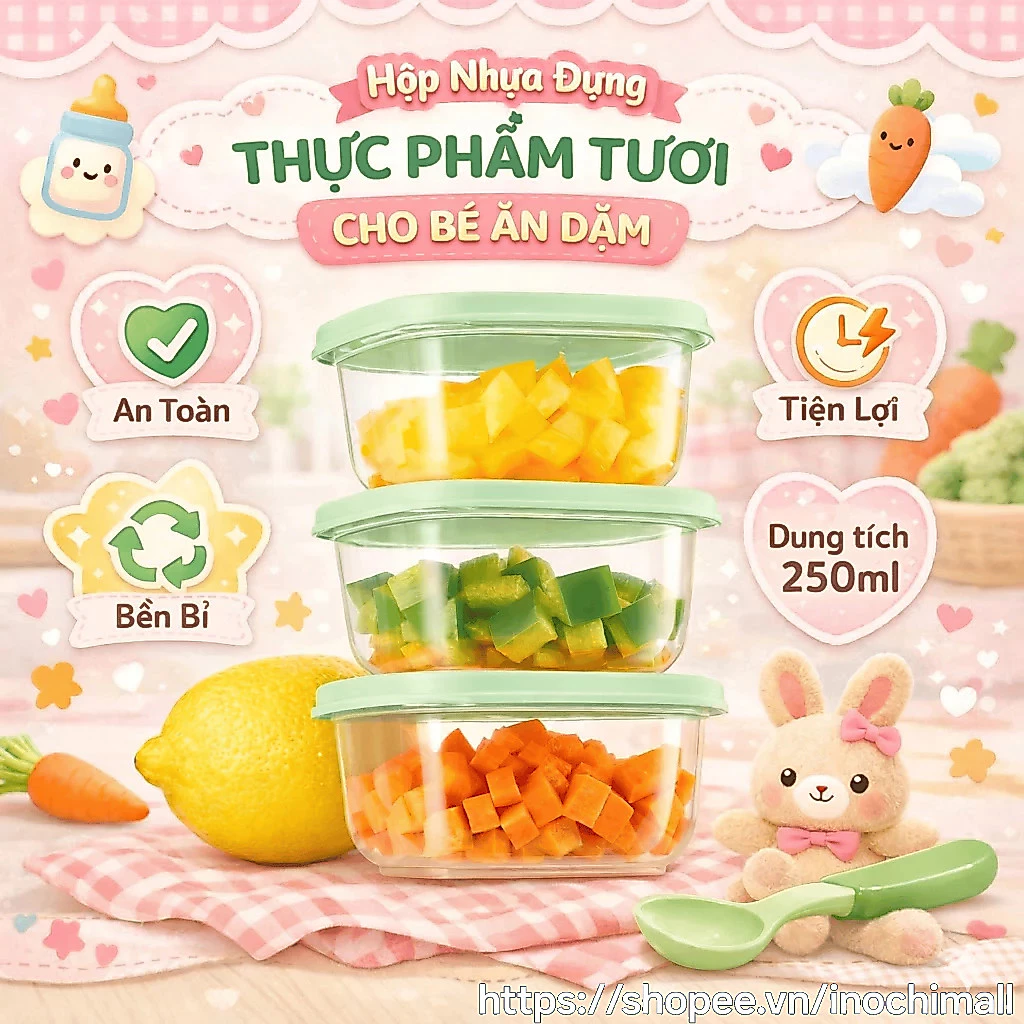 Bộ 3 hộp thực phẩm vuông mini 250ml Inochi - nhỏ gọn tiện lợi, đựng đồ ăn dặm, an toàn, cao cấp