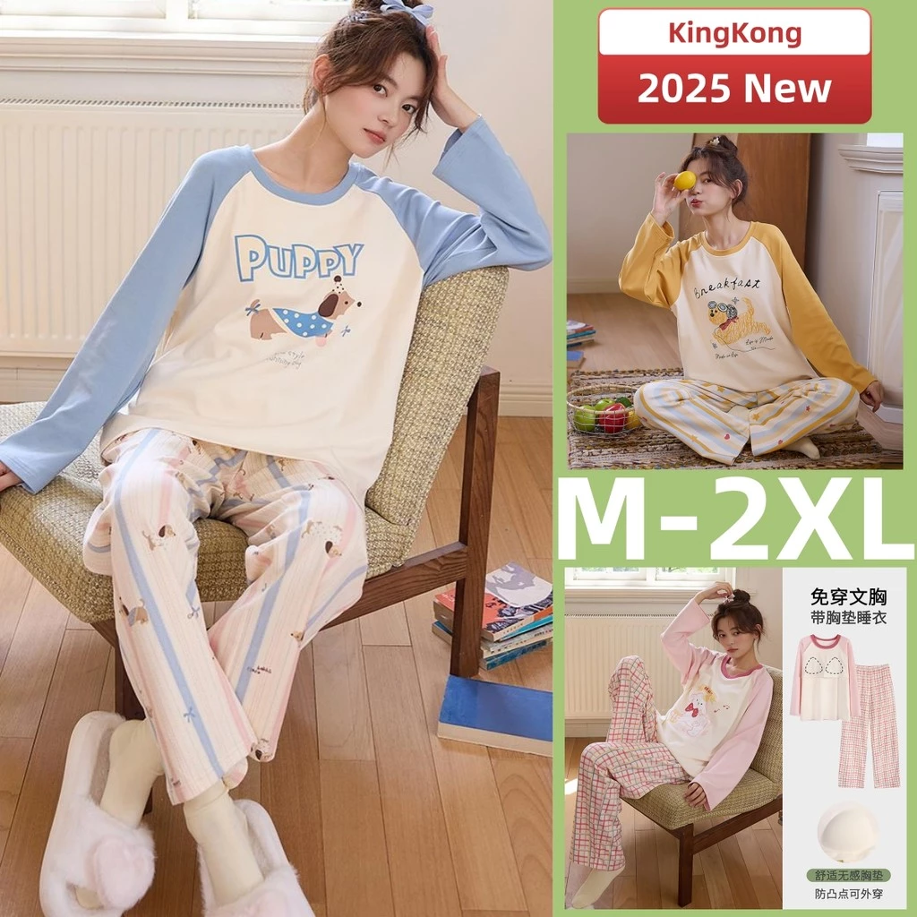 Bộ đồ ngủ có đệm nữ cotton kẻ sọc hoạt hình, dài tay, phù hợp mùa thu đông
