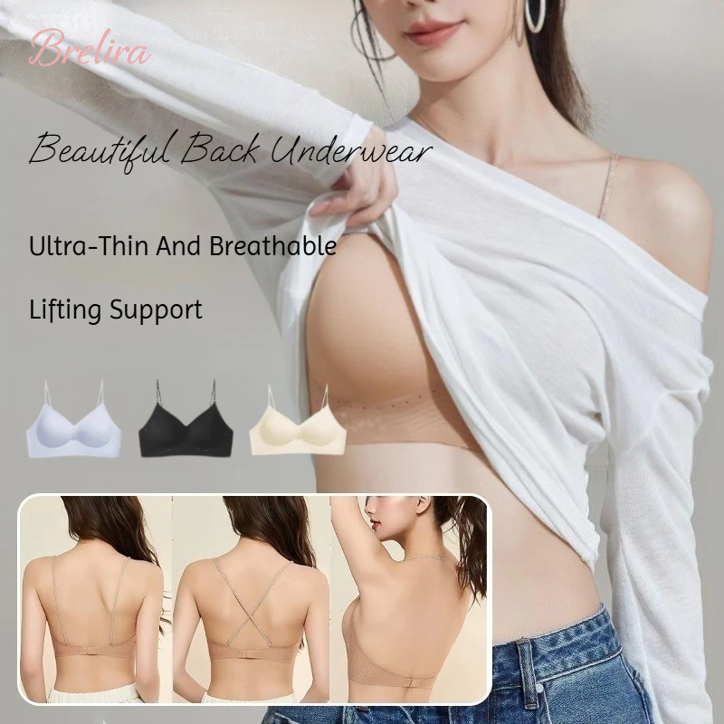 『Brelira』Áo ngực nâng ngực Beauty Back Bra Foundation Áo không dây liền mạch nâng ngực không dây hỗ trợ mềm mại chống chảy xệ dây đeo sáng bóng Đồ lót