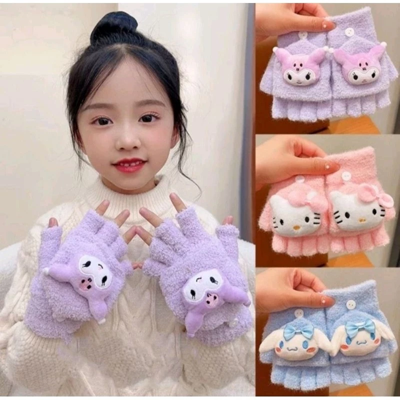 gang tay hở ngón chất len dày dặn họa tiết gấu dâu siêu dễ thương