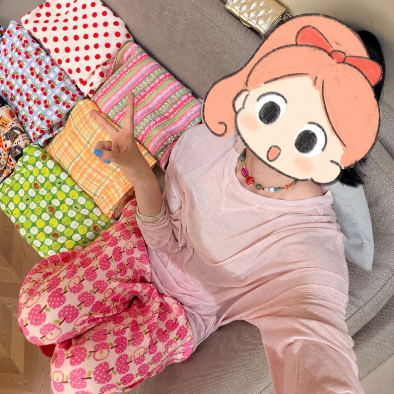 [Quần bobo] Sợi nhăn hai lớp phong cách bốn mùa dáng rộng có thể mặc bên ngoài Quần Pyjama gia đình