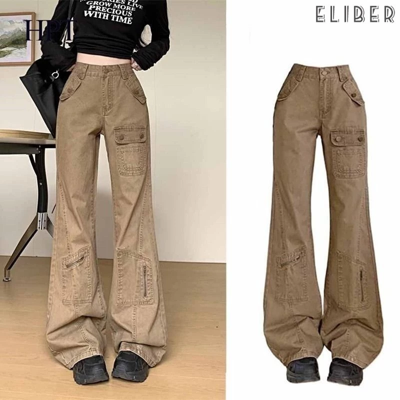 ELIBER- Quần Jeans Nữ Ống Loe Nhẹ Eo Cao - Phong Cách Tân Cổ Điển Màu Nâu Đỏ / Thiết Kế Đa Túi Độc Đáo