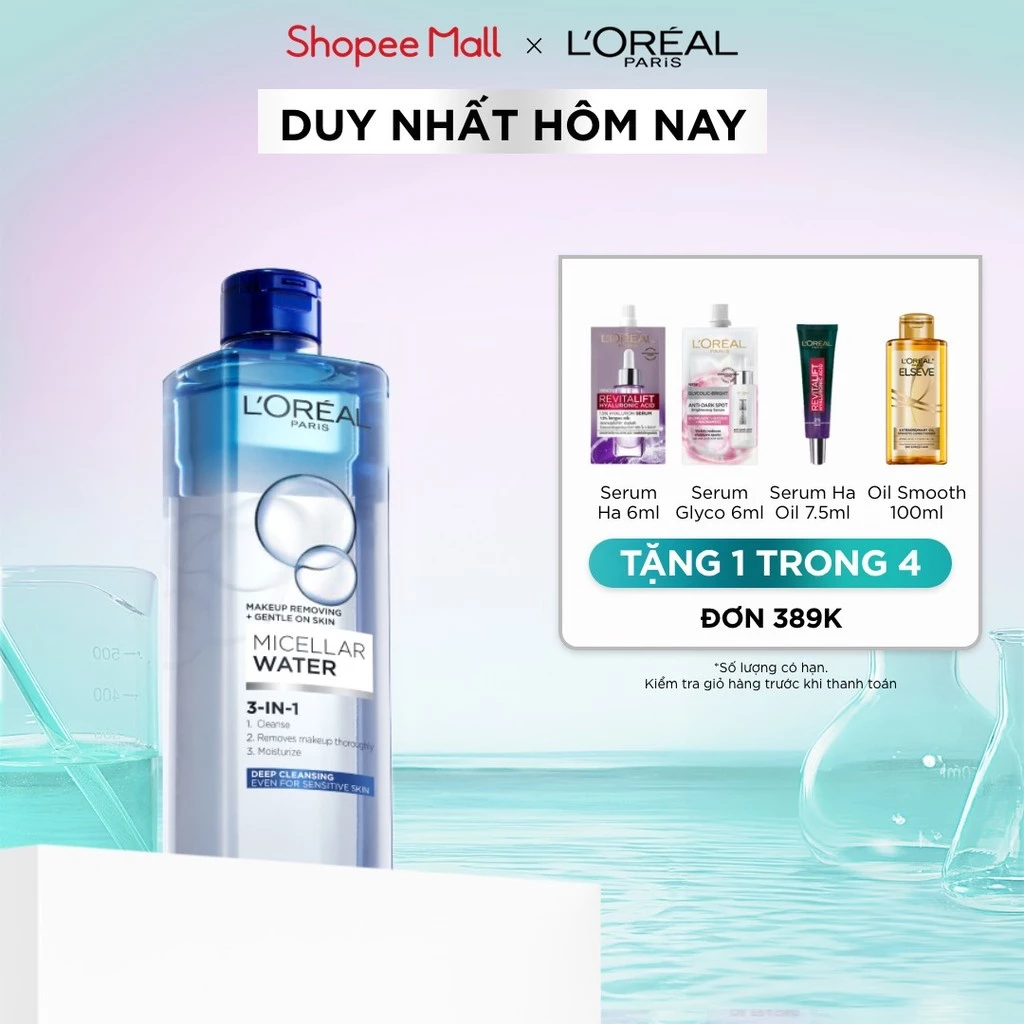 Nước tẩy trang giúp làm sạch sâu, loại bỏ bụi bẩn và lớp trang điểm 3-in-1 L'Oreal Paris Micellar Water 400ml