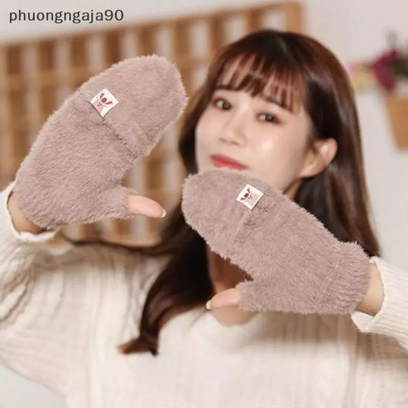 Ấm Phim Hoạt Hình Lật Bìa Ngón Dệt Kim Găng Tay Cho Cô Gái Sinh Viên Găng Tay Mùa Đông
