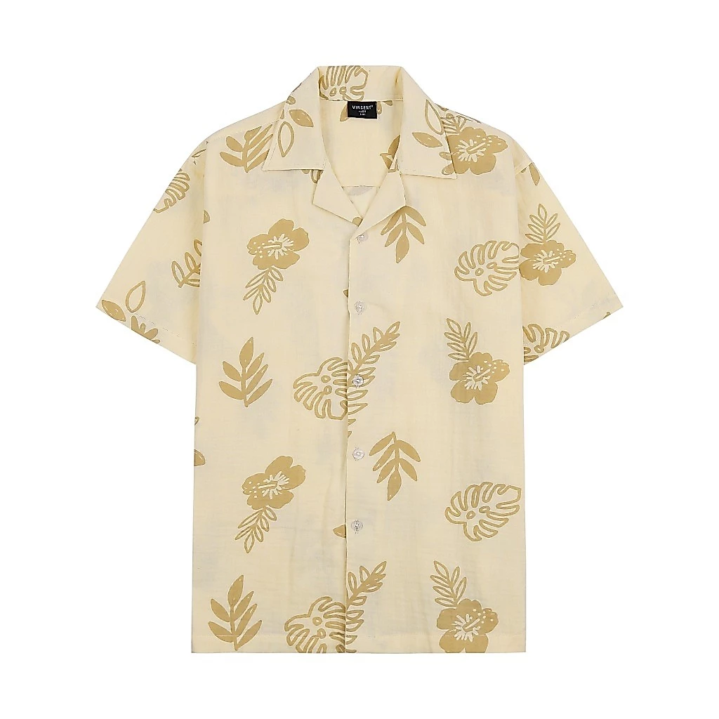 Áo Sơ Mi Cổ V Vincent Unisex Họa Tiết Hoa Lá Vải Dệt Nhăn Cotton Thoáng Mát