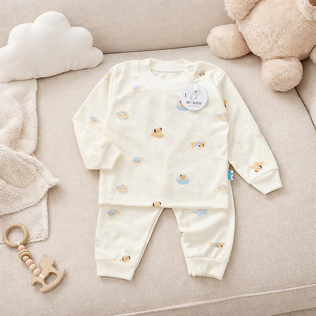 Bộ nỉ dài tay Boonhouse chất nỉ cotton ấm áp bộ quần áo nền kem in họa tiết cho cả bé trai bé gái