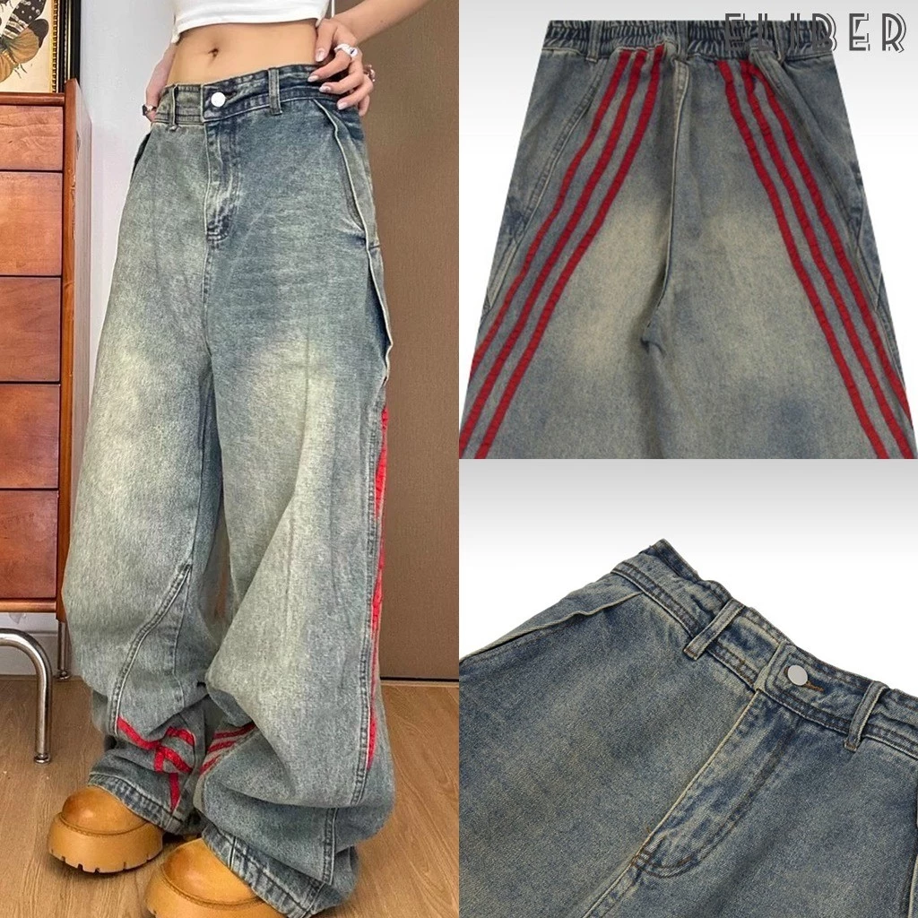 ELIBER- HÀNG SẴN - Quần ỐNg RộNg Ống Đứng Rộng Kiểu Mỹ Nổi Tiếng Instagram Quần Jean Nữ Khâu Sọc