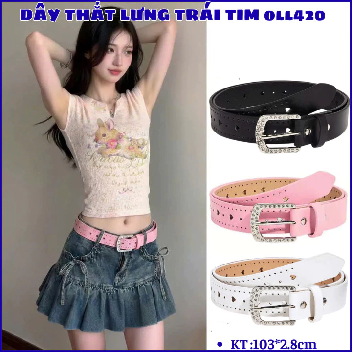 Dây thắt lưng Y2k khóa đính cườm lấp lánh, dây nịt thời trang họa tiết trái tim trẻ trung OLL420