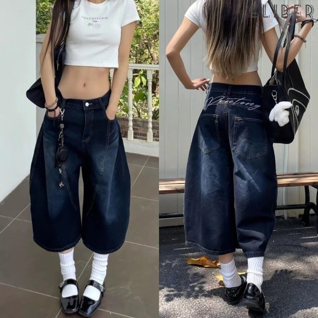 ELIBER- SẴN HÀNG - Quần Jeans Nữ 7 Phần Ống Rộng - Kiểu Retro Mỹ - Dáng Lưỡi Liềm Thoáng Mát