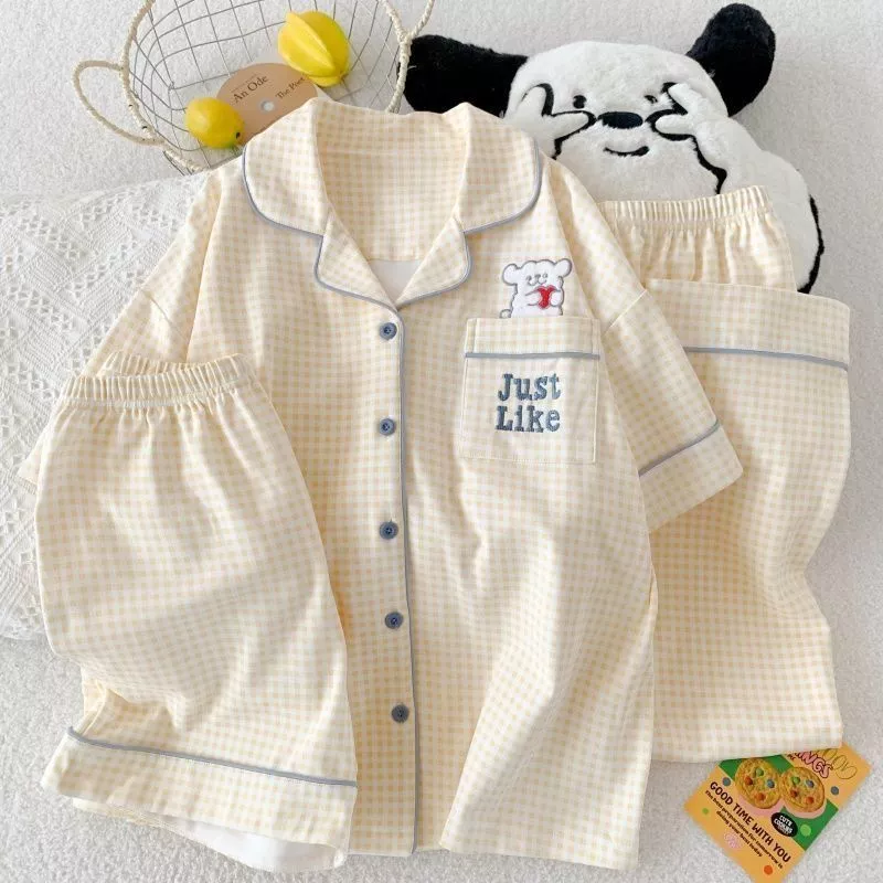 [-Order]-Bộ Đồ Ngủ Thêu Hình Chó Caro Vàng Dành Cho Nữ, Gồm Áo Ngắn Tay, Quần Short Và Quần Dài, Bộ Ba Món Mặc Nhà