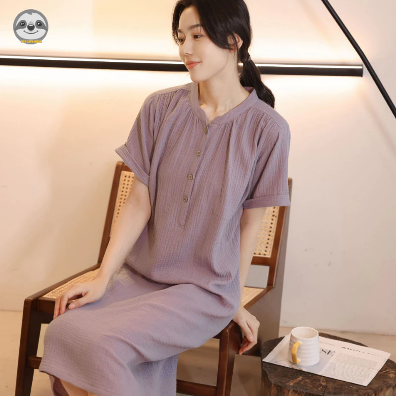 Váy ngủ nữ Crepe Cotton dáng rộng / Đồ mặc nhà đơn giản mỏng mùa hè / Có thể mặc bên ngoài Đồ mặc nhà màu trơn
