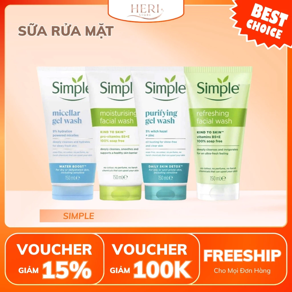 [Mẫu mới] Combo Sữa Rửa Mặt Simple - Tẩy Trang - Sữa Rửa Mặt Dịu Nhẹ 150ml Heri Skin