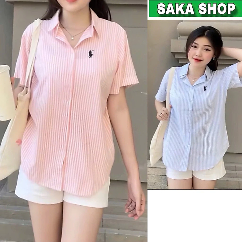 Áo sơ mi sọc from rộng nữ ngắn tay giấu nút thêu ngựa