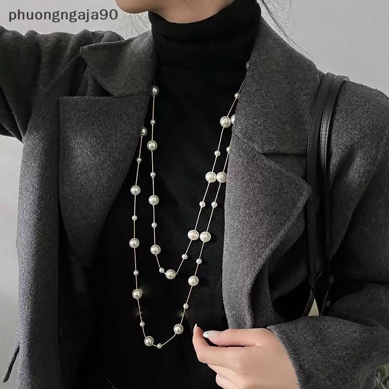 Thanh Lịch Hai Lớp Mô Phỏng Ngọc Trai Áo Len Vòng Cổ Cho Phụ Nữ Nữ Cổ Áo Dài Chuỗi Vòng Cổ