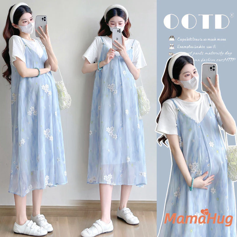 Đầm Bà Bầu Mùa Hè 2026 Thời Trang Hàn Quốc Quần Áo Mang Thai Trang Trang Cho Phụ Nữ Mang Thai Dáng Rộng Phù Hợp Với Tay Ngắn Chắp Vá Áo Voan Thêu Giả Hai Mảnh