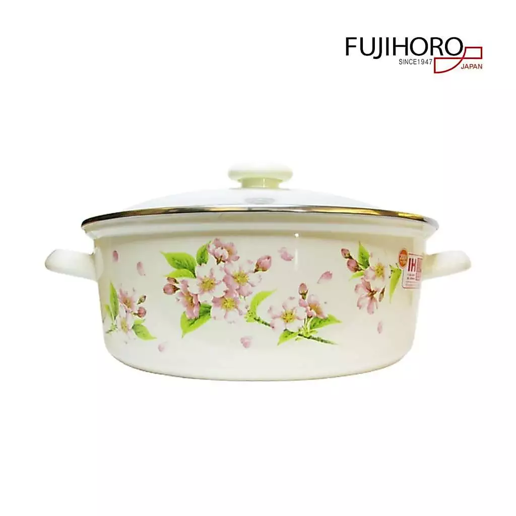 Nồi tráng men thủy tinh Nhật Bản Fujihoro SYM-32G, hoa văn đào hồng, nắp kính - Chính hãng