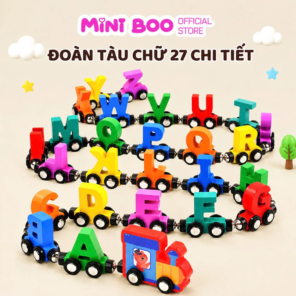 Đồ Chơi Đoàn Tàu Nam Châm Với 27 Toa Chữ Cái Bằng Gỗ, Đồ Chơi Thông Minh Giáo Dục Sớm Cho Bé Mini Boo