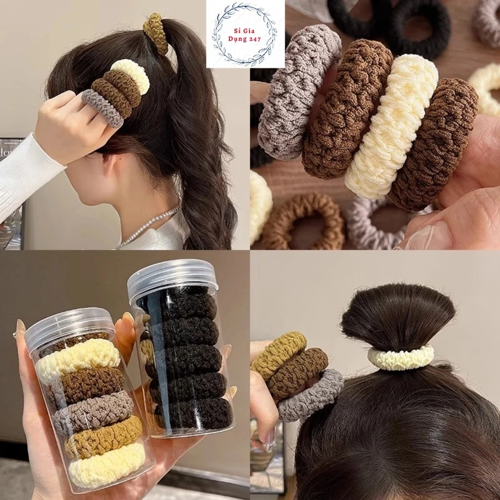 Hộp 6 dây thun vải co giãn tốt buộc tóc đơn giản màu trơn cho nữ hot CB24