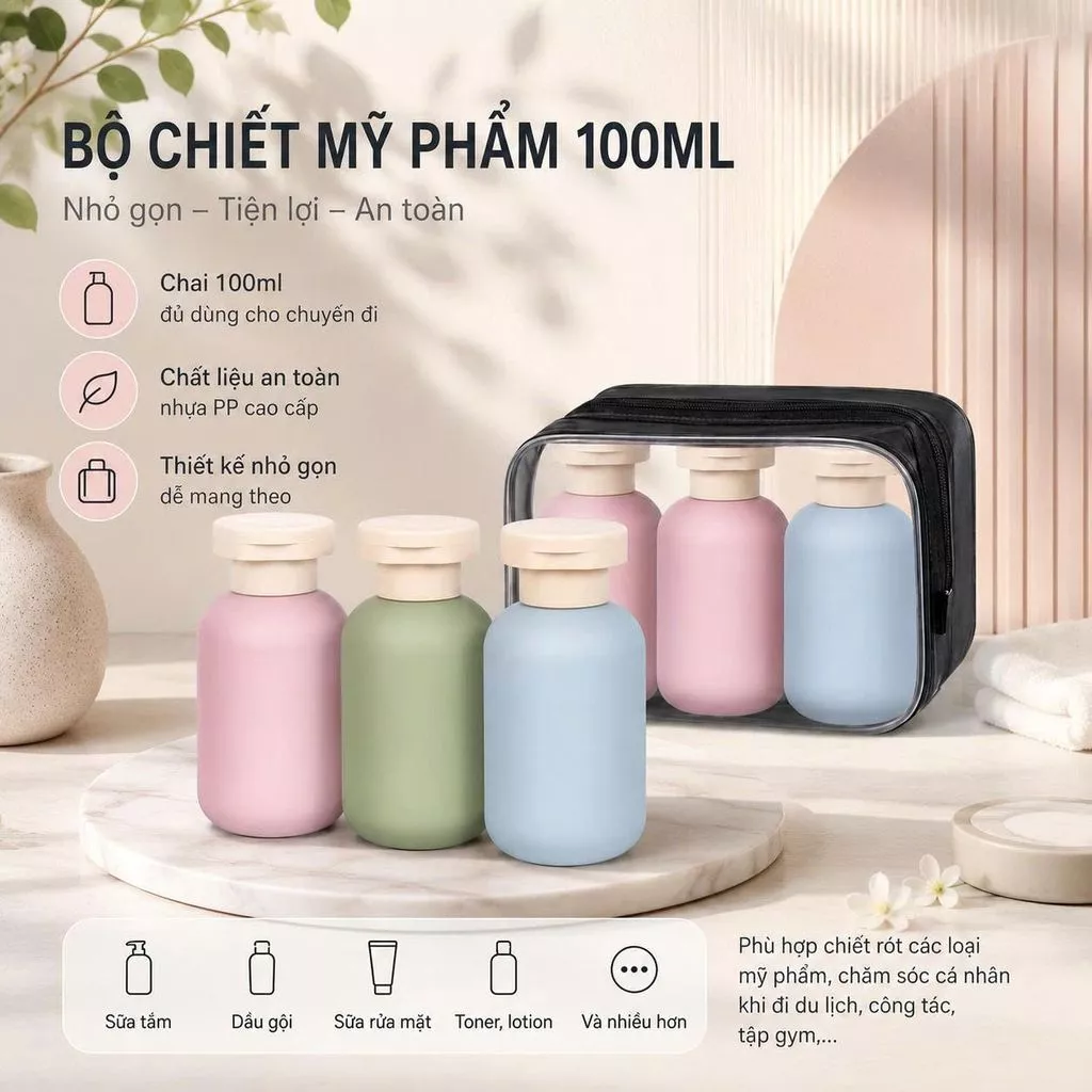Bộ 3 chai chiết mỹ phẩm 100ml kèm túi đựng – chống rò rỉ, tiện mang du lịch