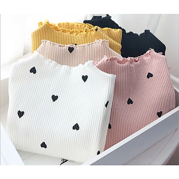 Áo len tăm hình tim, áo giữ nhiệt bé gái chất liệu len tăm in hình trái tim dễ thương 8-18kg