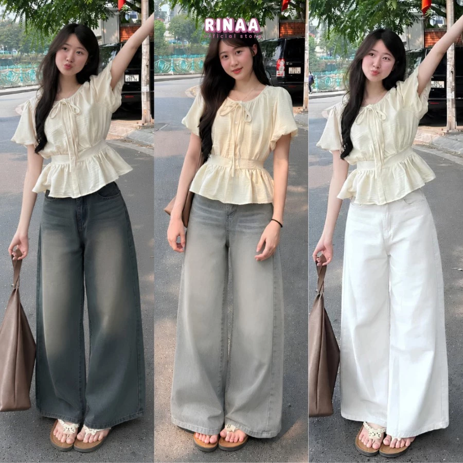 Quần Jean Ống Suông Rộng NAGUU Màu Trắng 31-33cm Cạp Cao Tôn Dáng, Quần Bò Trắng Ống Rộng VER3