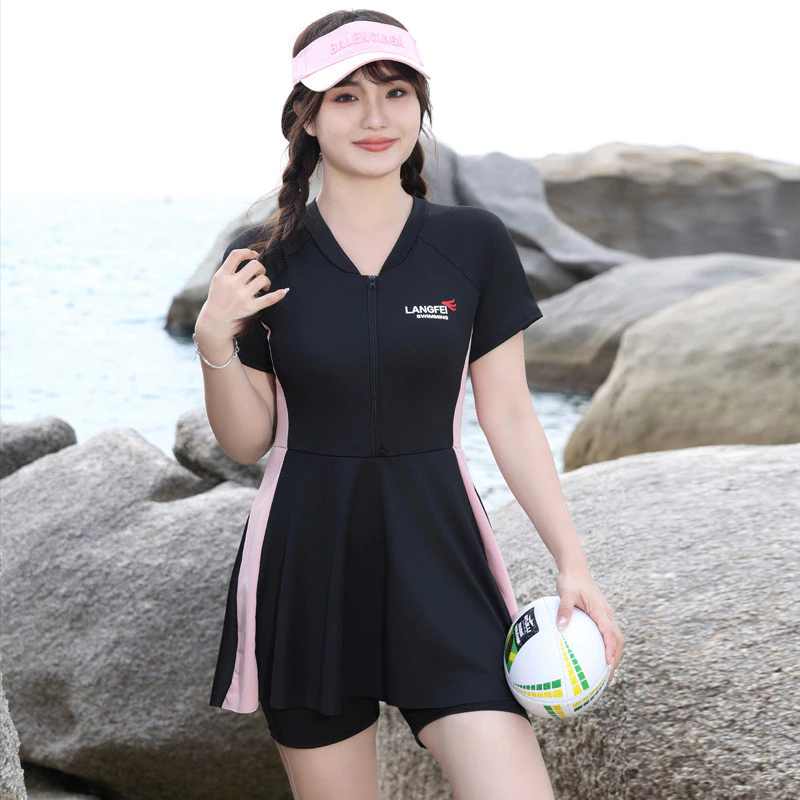 Đầm bơi chữ V tay ngắn dành cho nữ Bảng điều khiển tương phản Trang phục bơi lội khô nhanh 0613