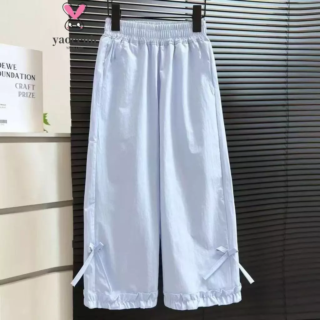 【YAOEENH】120-170CM Bé Gái Màu Trơn Crop Quần Ống Rộng Giữa Lớn Trẻ Em Mỏng Phong Cách Rời Giữa Eo Dây Co Giãn Nơ Quần Thường Ngày Sẵn Sàng