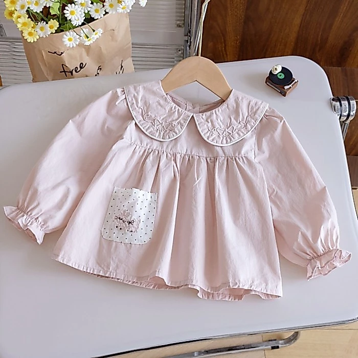 Áo Sơ Mi Phong Cách Hàn Quốc Cho Bé Gái Thu Đông Cổ Búp Bê Mới Áo Sơ Mi Cotton Nguyên Chất Cho T
