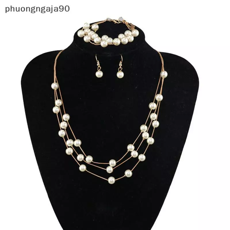 Thời trang Multilayer Vòng cổ ngọc trai bông tai vòng tay trang sức Set Wedding Bridal