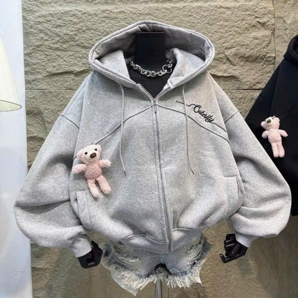 Áo Khoác Nỉ Form Rộng Unisex Thêu Chữ Phối Gấu Cực Xinh Đi Học Đi Chơi