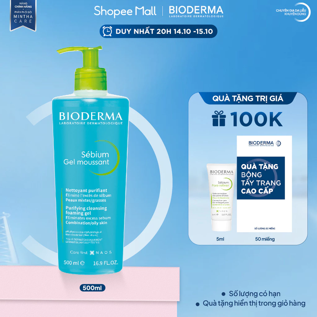Gel rửa mặt tạo bọt, không chứa xà phòng Bioderma Sebium Gel Moussant - 500ml