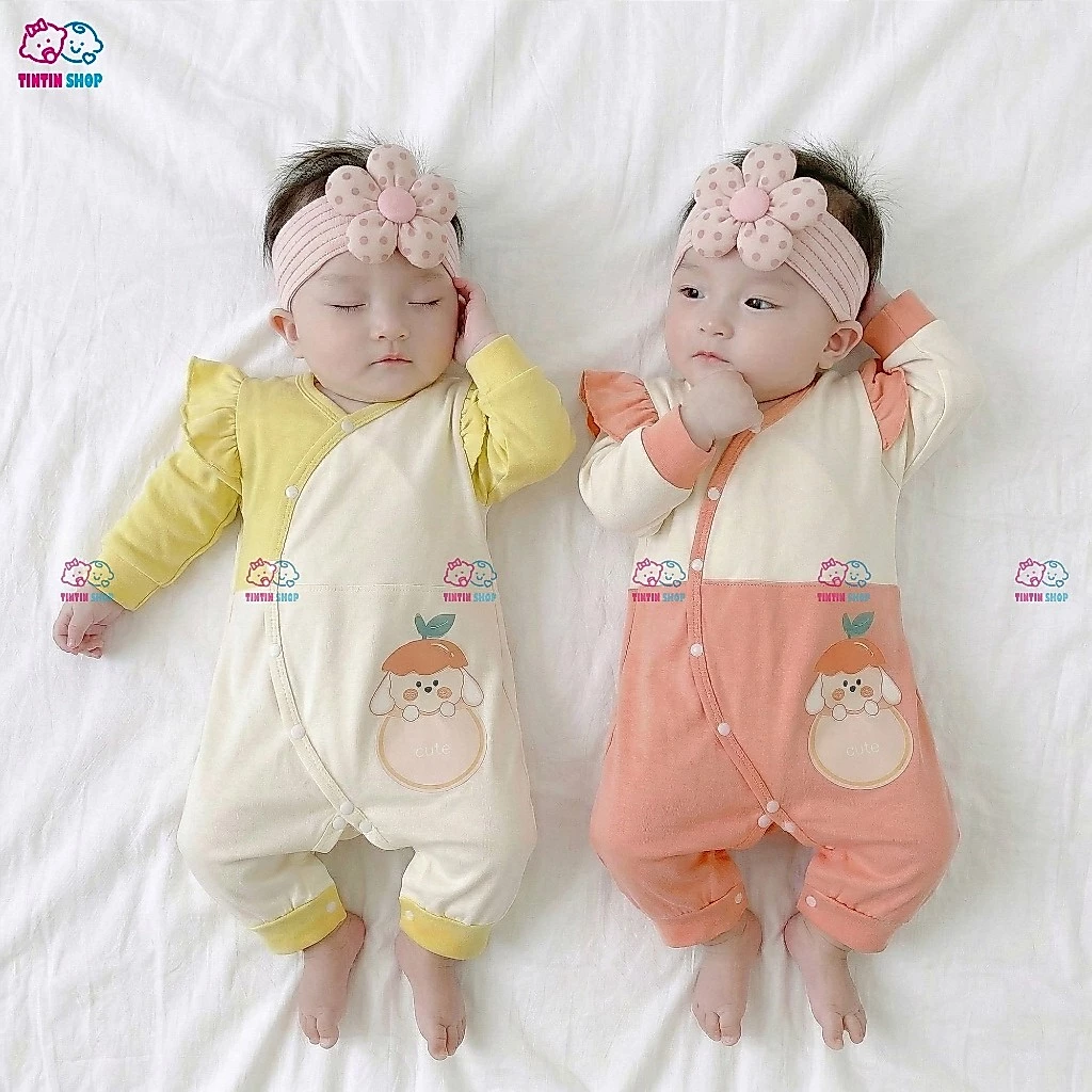 Bodysuit cho bé trai bé gái Body dài tay thu đông vải thun cotton Áo liền quần cúc lệch trẻ sơ sinh hình CÚN CUTE SLT187