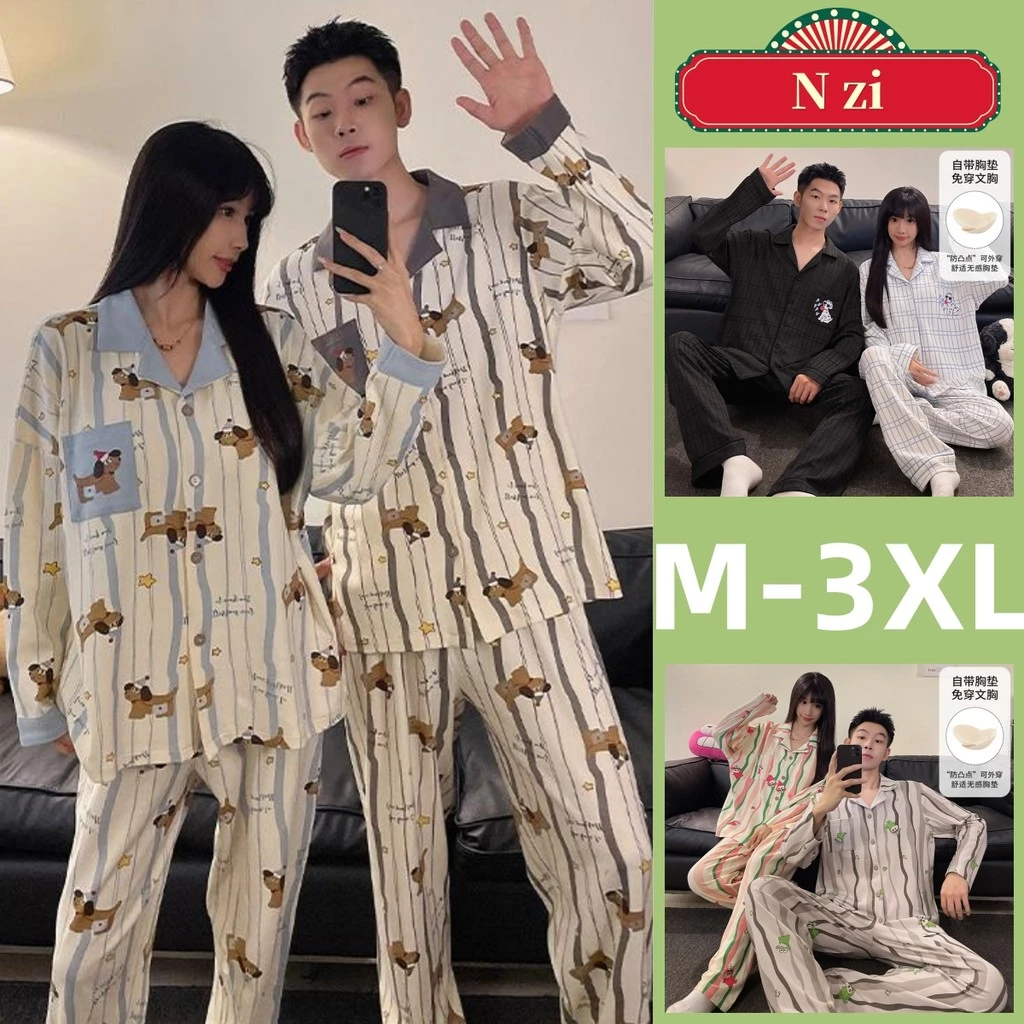 Cặp Đôi Bộ Đồ Ngủ Tay Dài Cotton Cho Mùa Thu Đông - Kẻ Sọc Và Họa Tiết Hoạt Hình Dễ Thương Cho Nam Nữ