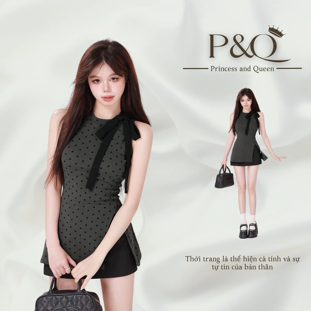 Set váy nữ P&Q áo thun poly phối chân váy mini chấm bi đi chơi dạo phố dự tiệc | set0029