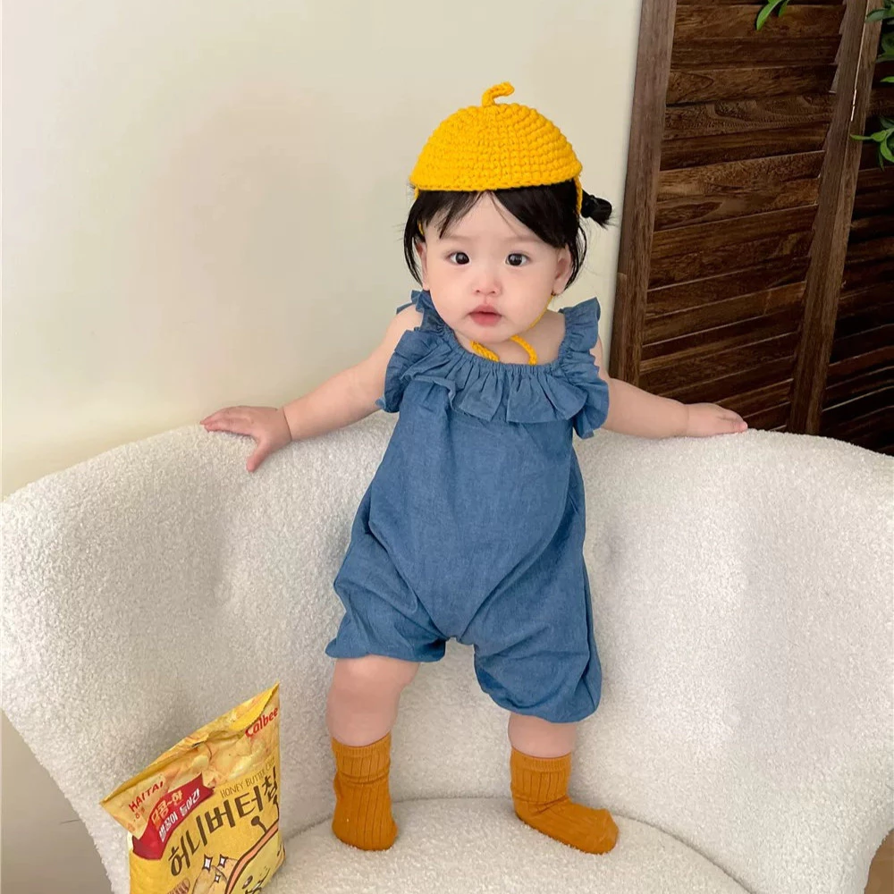 Bộ áo liền quần trơn không tay Denim màu xanh mùa hè cho bé 0-24 tháng Quần áo trẻ em