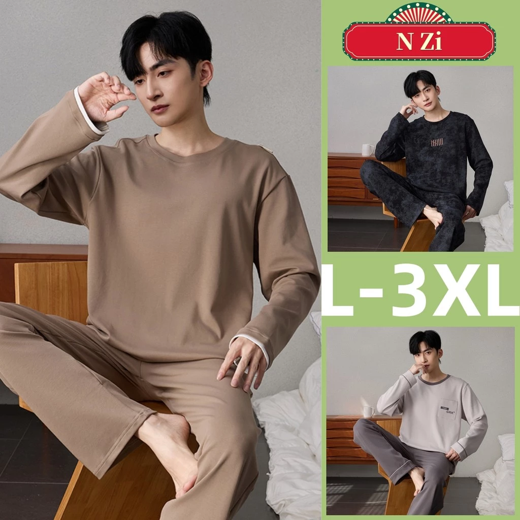 Bộ đồ ngủ nam cotton, áo tay dài rời, phù hợp mùa thu đông, thiết kế tối giản cho mặc nhà đêm