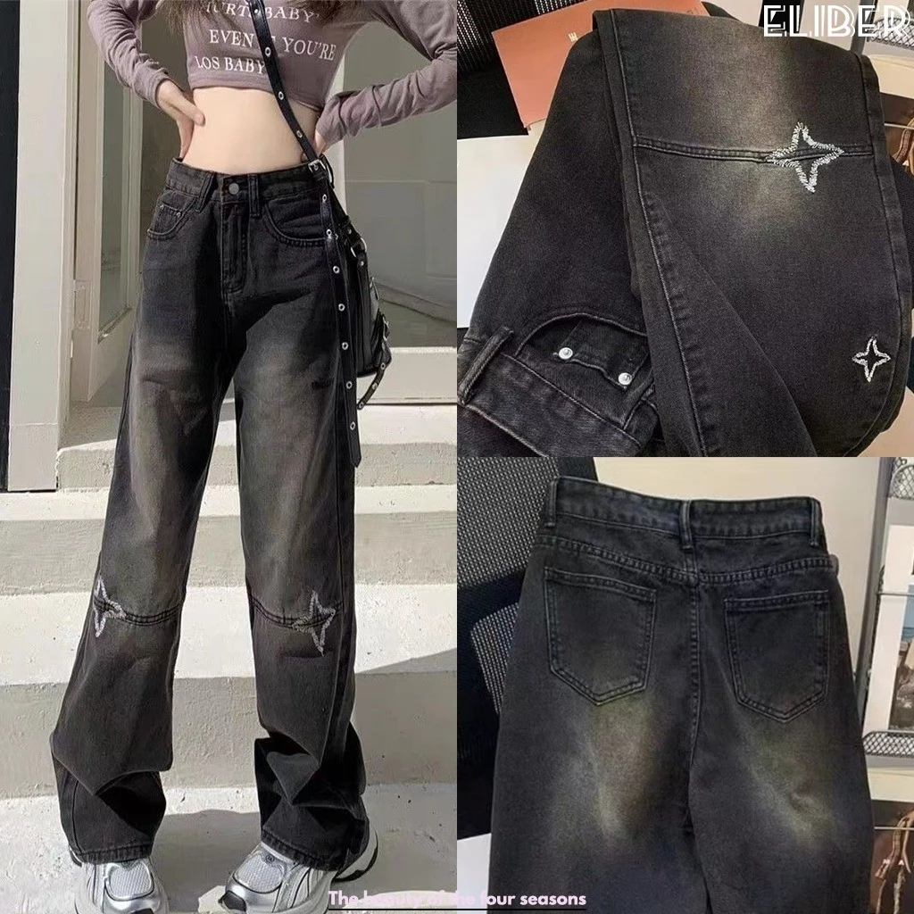 ELIBER- SẴN HÀNG - Quần Jeans Nữ Ống Suông Rộng - Eo Cao Thêu Sao Retro - Thiết Kế Độc Đáo Tôn Dáng Màu Đen