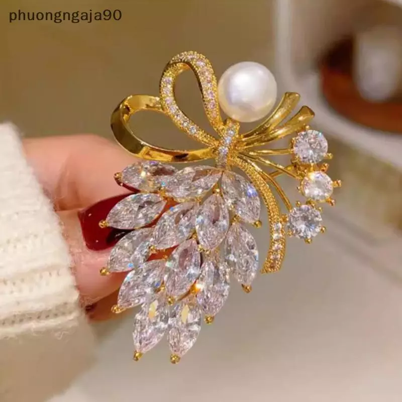 Thời trang Rhinestone pha lê Bow ngọc trai trâm cài phụ nữ quần áo áo trang sức accessries Quà Tặng