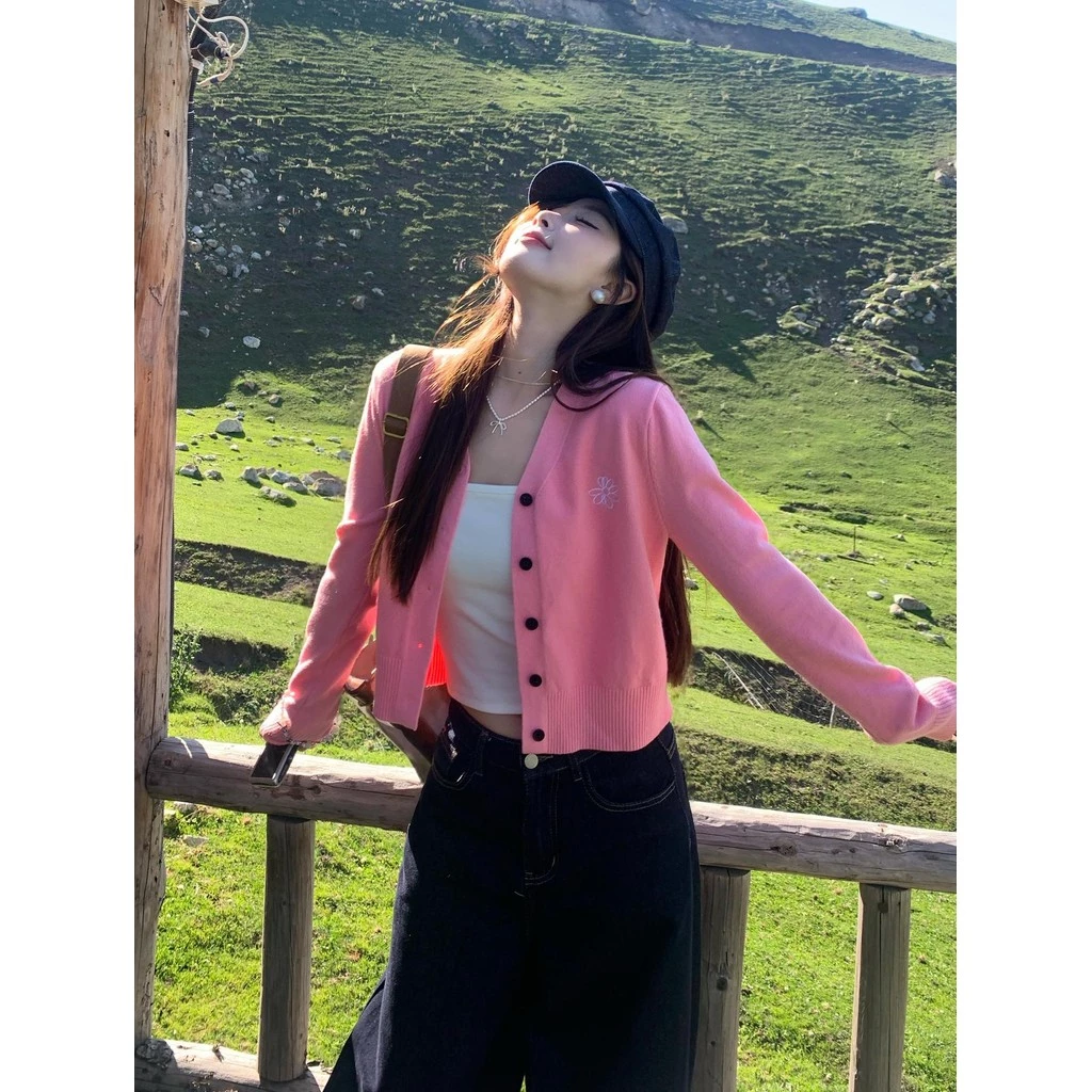 YAYUAN Kẹp Cardigan nữ màu hồng, phong cách thời trang mới với cổ chữ V thêu